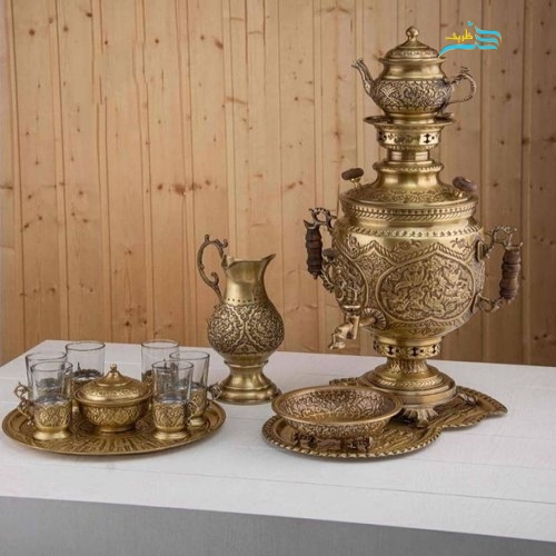 سرویس سماور برنجی 6 لیتری قلمزنی قلم گل و مرغ روکش نانو - هنرظریف
