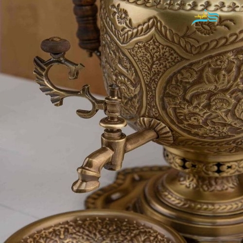 سرویس سماور برنجی 6 لیتری قلمزنی، قلم گل و مرغ، روکش نانو