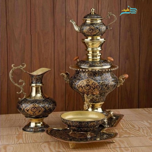 سرویس سماور زغالی اعیانی و پرکار برنجی 6 لیتری، نقاشی دست
