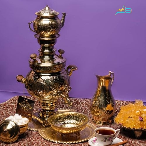 سرویس سماور زغالی برنجی 1 لیتری طرح هخامنشی ورق ضخیم