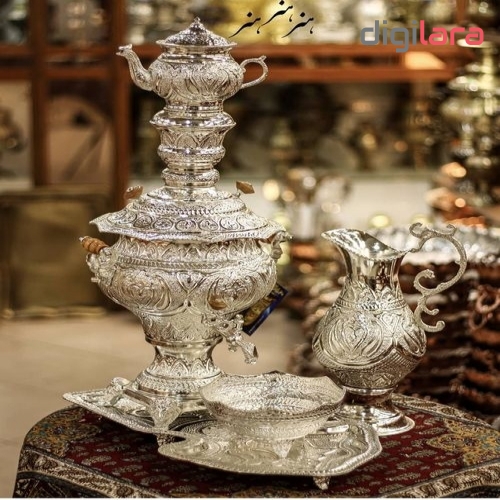 سرویس کامل سماور برنجی دکوری قلمزنی 5 لیتری، آبکاری نقره