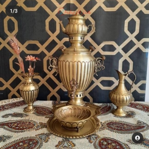 سماور زغالی برنجی 4 لیتری مدل آناناسی سنگین وزن ورق ضخیم