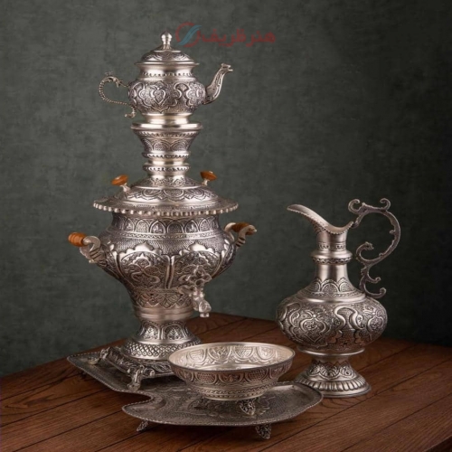 سرویس سماور برنجی 3.5 لیتری روکش نقره قلمزنی ریزه با روکش کوره ای