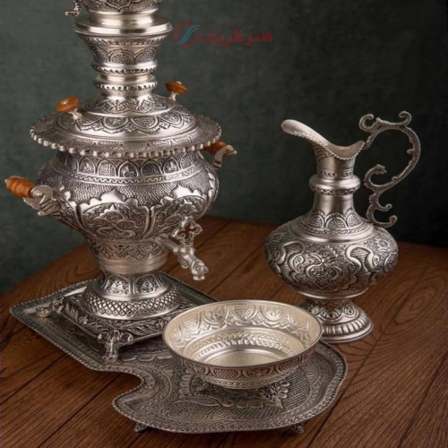 سرویس سماور برنجی 3.5 لیتری، روکش نقره، قلمزنی ریزه