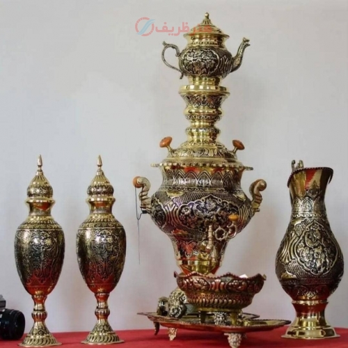 سرویس کامل سماور قلمزنی برنجی 5 لیتری طرح گل و مرغ - هنرظریف
