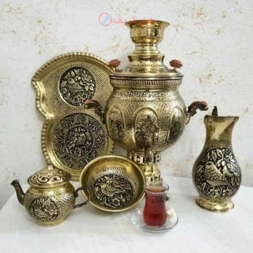 سرویس سماور برنجی 6 لیتری ذغالی مدل توپی طرح گل و مرغ با پا سماوری
