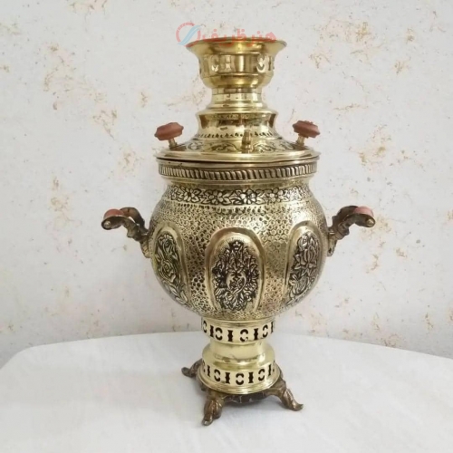 سرویس سماور برنجی 6 لیتری ذغالی، مدل توپی طرح گل و مرغ