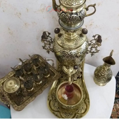 سرویس سماور برنجی قلمزنی زغالی 5 لیتری، مدل آناناسی دسته توری