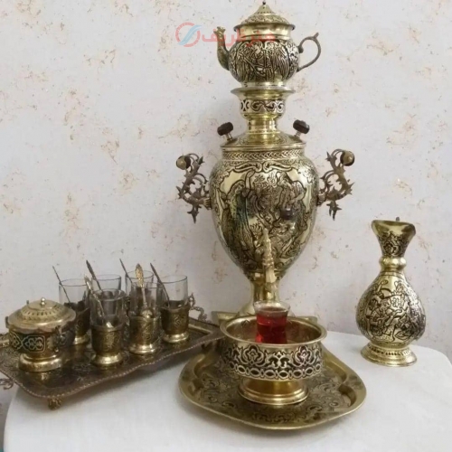 سرویس سماور برنجی قلمزنی زغالی 5 لیتری، مدل آناناسی دسته توری با ست چایخوری - هنرظریف