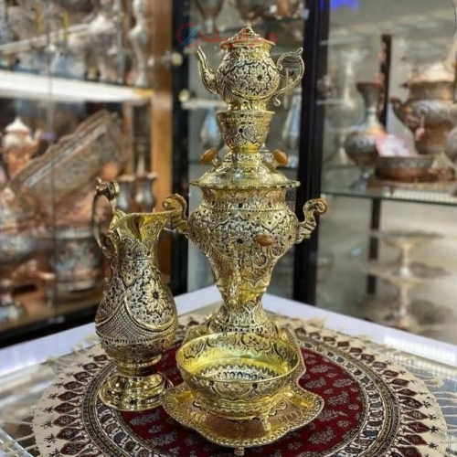 سرویس سماور برنجی قلمزنی 3 لیتری ریز قلم، کلکسیونی و با کیفیت