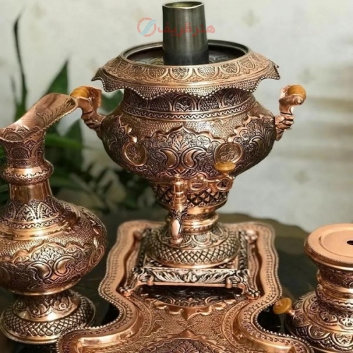 سرویس سماور ذغالی قلمزنی مسی 8 لیتری سیاه قلم