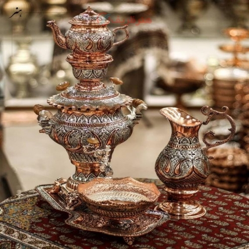 سرویس سماور مسی 3 لیتری قلمزنی ریزه با آبکاری مس و نقره رنگ ثابت