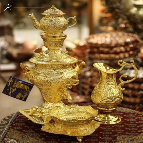 سرویس سماور برنجی قلمزنی 3 لیتری آبکاری شبه طلا و رنگ ثابت کوره ای - هنرظریف