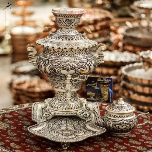 سرویس سماور برنجی 3 لیتری آبکاری شبه نقره قلم دست اعلاء رنگ ثابت