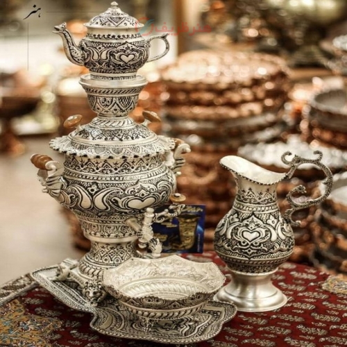سرویس سماور برنجی 3 لیتری آبکاری شبه نقره - هنرظریف
