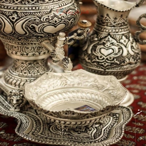 سرویس سماور برنجی قلمزنی 3 لیتری آبکاری نقره؛ قلم دست اعلاء