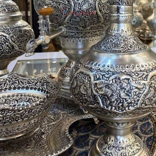 سرویس سماور برنجی 3.5 لیتری، قلمزنی گل و مرغ آبکاری نقره و سیاه قلم