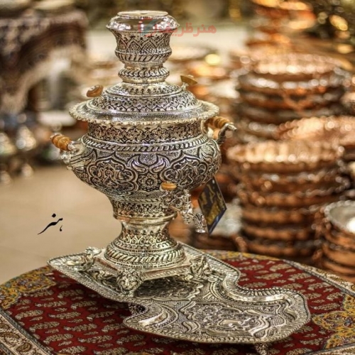سرویس سماور قلمزنی برنجی 6 لیتری آبکاری نقره - هنرظریف