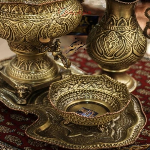 سرویس سماور برنجی 5 لیتری آنتیک شده، قلم دست اعلاء