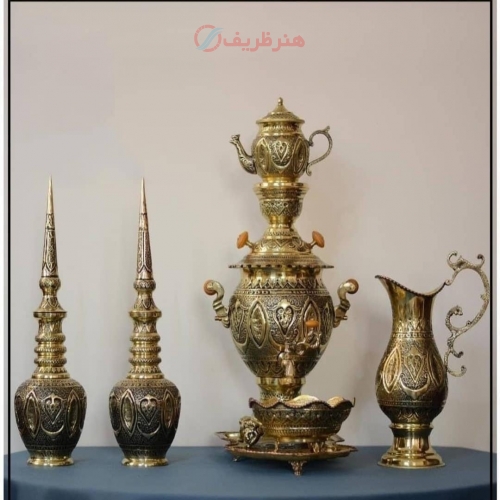 سرویس سماور 6 لیتری برنجی قلمزنی طرح اسلیمی همراه تنگ شاخدار