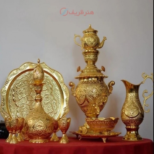 سرویس سماور و شرابخوری برنجی 5 لیتری طرح اسلیمی آبکاری شبه طلا