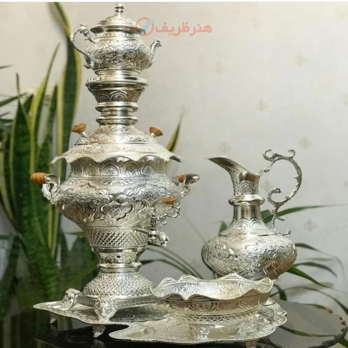 سماور لوکس زغالی برنجی 5 لیتری قلمزنی دست اعلاء با روکش نقره