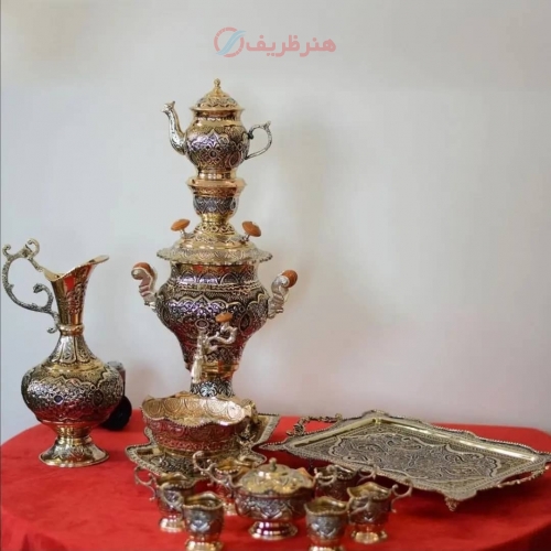 سرویس سماور برنجی تزئینی 4 لیتری و چایخوری قلمزنی - هنرظریف