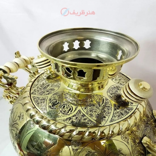 سماور برنجی زغالی مدل ماج خمره ای لوکس ۶ لیتری ریز قلم مینیاتوری