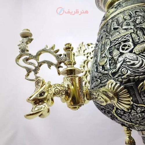 سماور برنجی زغالی ۸ لیتری قلمزنی نقوش ایلیات و عشایر و بازار