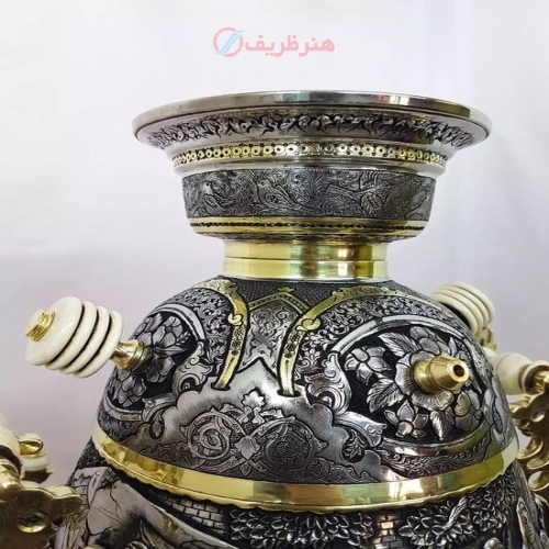 سماور برنجی زغالی ۸ لیتری قلمزنی نقوش ایلیات و عشایر و بازار