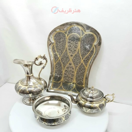 سماور برنجی زغالی 6 لیتری مدل جام، دسته خوشه ای، کله شیر خروسی مینیاتوری