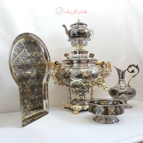 سماور زغالی ۸ لیتری مدل عدسی کنده کاری سنتی، قلم دست سبک ریز قلم مینیاتوری تبریز