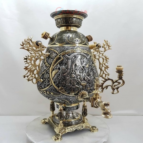 سماور زغالی ۸ لیتری مدل جام سیاه قلم، نقش شکارگاه، اسلیمی، گل مرغ و بزم