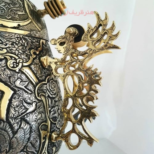 سماور زغالی برنجی ۸ لیتری مدل جام، دسته ملکه، پایه ستوندار ضخیم