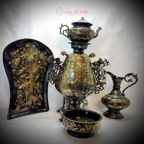 سماور برنجی زغالی ۶ لیتری مدل جام، با سرویس ۴ تیکه ی خاص