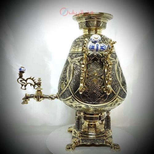 سماور زغالی ۸ لیتری مدل جام، قلمزنی تلفیقی ریزه قلم ختایی، اسلیمی و بزم