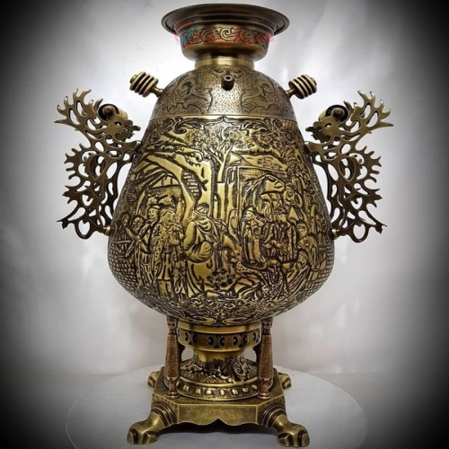 سماور زغالی مدل جام به سبک جدید (آنتیک هایلایت) طرح بازار و کاروانسرا