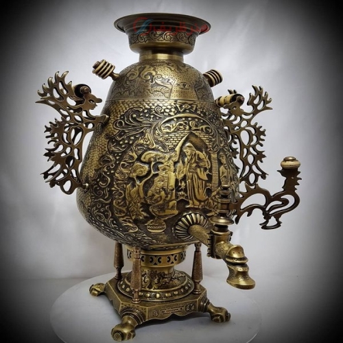 سماور زغالی مدل جام به سبک جدید (آنتیک هایلایت) طرح بازار و کاروانسرا