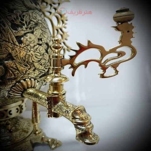سماور زغالی ۶ لیتری مدل جام، کله شیر خروسی، نقش بزم و شکار