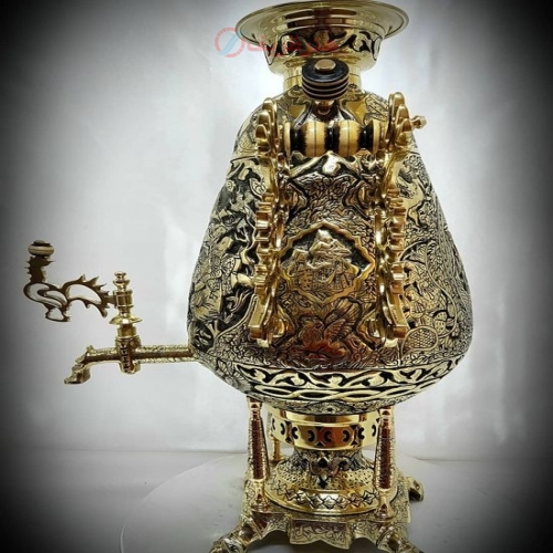 سماور زغالی ۶ لیتری مدل جام، کله شیر خروسی، نقش بزم و شکار