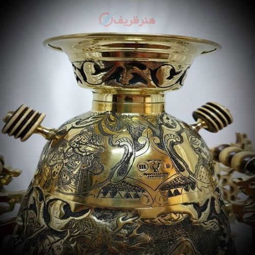 سماور زغالی ۶ لیتری مدل جام، کله شیر خروسی، نقش بزم و شکار
