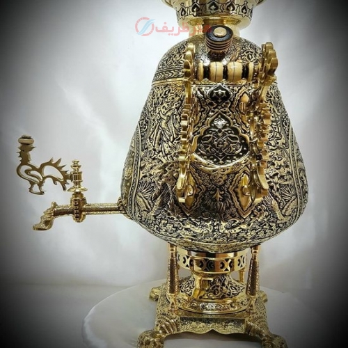 سماور زغالی ۸ لیتری، مدل جام، دسته توری با نقوش اسلیمی