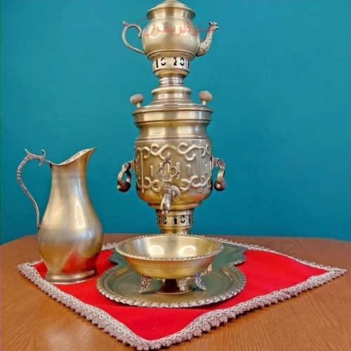 سرویس سماور ١.٥ لیتری برنجی زغالی قلم طرح تخت جمشید