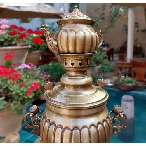 سرویس سماور  زغالی خط دار برنجی ٣ لیتری، سنگین وزن