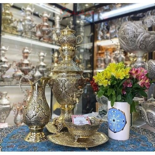 سرویس سماور قلمزنی با آبکاری طلا و نقره شناسنامه دار