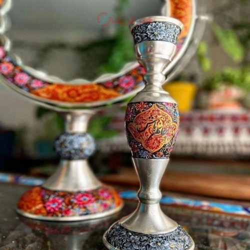 ست آینه شمعدان برنجی گهواره ای تاجدار با روکش نقره و نقاشی دست