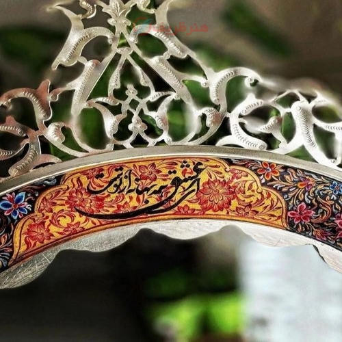ست آینه شمعدان برنجی گهواره ای تاجدار با روکش نقره و نقاشی دست