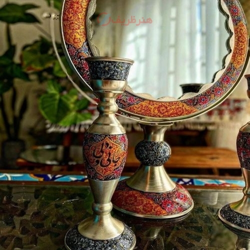 ست آینه شمعدان برنجی با روکش نقره و نقاشی دست گهواره ای تاجدار