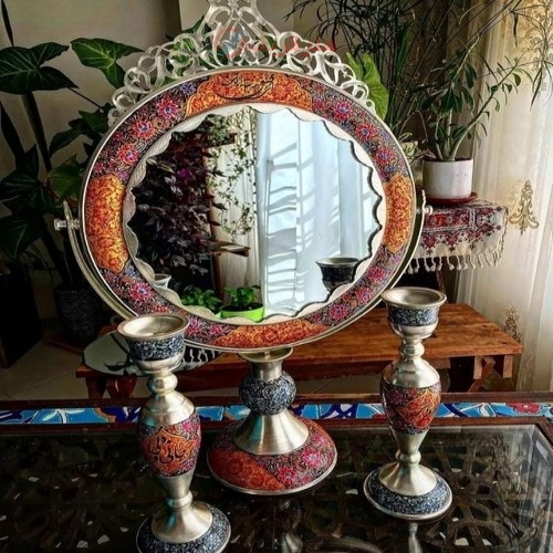 ست آینه شمعدان برنجی گهواره ای تاجدار با روکش نقره و نقاشی دست