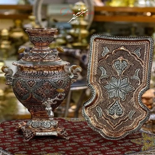 سرویس سماور ٣.٥ لیتری قلمزنی با آبکاری نقره و مس